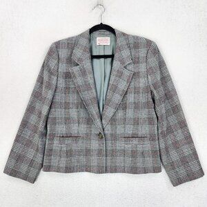 Pendleton Jacket Womens 14 Petite Gray Plaid Wool Vintage Blazer USA Made Career